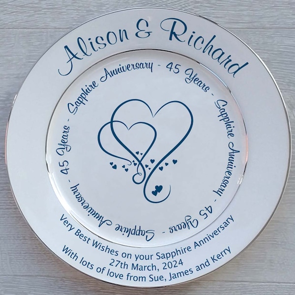 Personalised Sapphire Wedding (45th Anniversary) Gift - Bone China Plate - 3 Designs - 2 Sizes - Optional Gift Box, Plate Stand Or Hanger