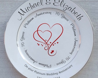 Personalised Platinum Wedding (70th Anniversary) Gift - Fine Bone China - 2 Sizes - 4 Designs - Optional Gift Box, Plate Stand Or Hanger