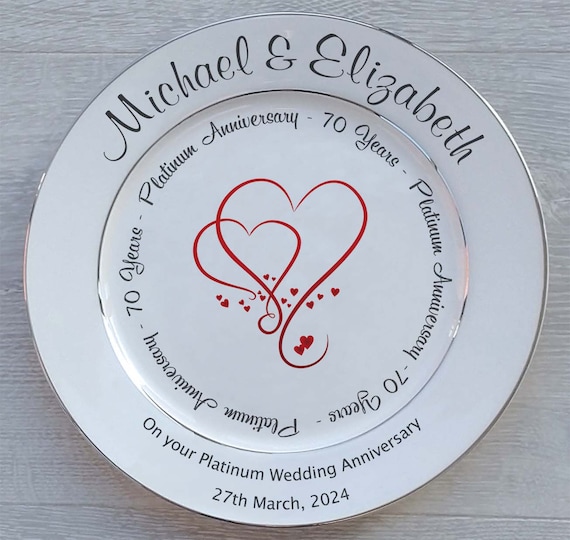Personalised Platinum Wedding (70th Anniversary) Gift - Fine Bone China - 2 Sizes - 4 Designs - Optional Gift Box, Plate Stand Or Hanger