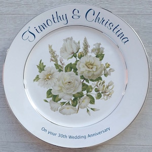 Personalised Diamond Wedding 60th Anniversary Gift Fine Bone China 2 Sizes 4 Designs Optional Gift Box, Plate Stand or Hanger 10" Roses Silver B's