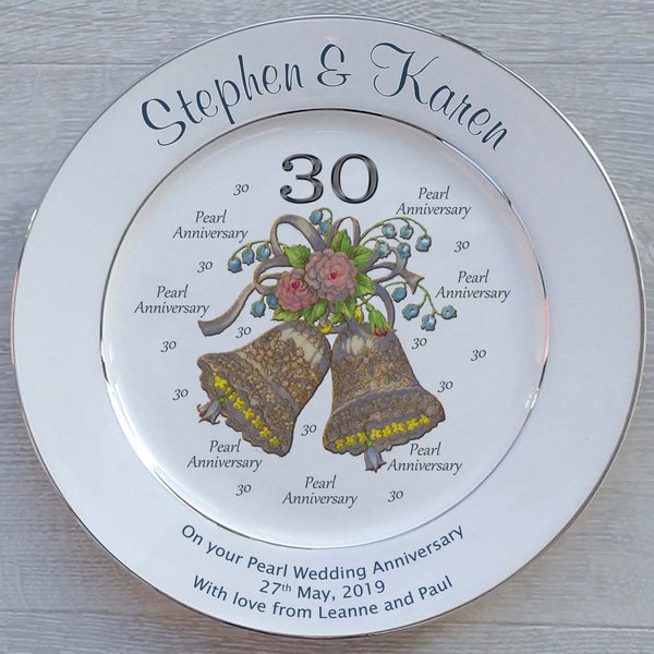 Personalised Pearl Wedding (30th Anniversary) Gift - Fine Bone China - 3 Designs - 2 Sizes - Optional Gift Box and/or Plate Stand or Hanger