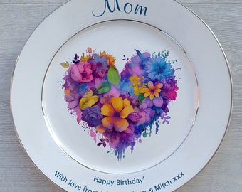 Personalised Bone China Plate - Unique Gift for Grandma's Birthday -  2 Sizes - Floral Heart Design - Optional Gift Box and/or Plate Stand