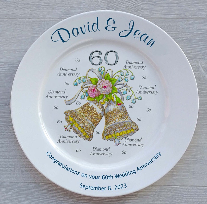 Personalised Diamond Wedding 60th Anniversary Gift Fine Bone China 2 Sizes 4 Designs Optional Gift Box, Plate Stand or Hanger image 7