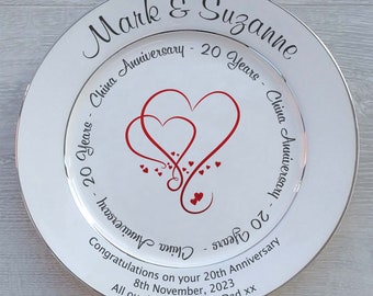 Personalised China Wedding (20th Anniversary) Gift - Fine Bone China Plate - 2 Sizes - 5  Designs - Optional Gift Box, Plate Stand Or Hanger