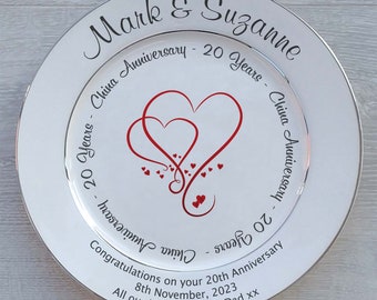 Personalised China Wedding (20th Anniversary) Gift - Fine Bone China Plate - 2 Sizes -3  Designs - Optional Gift Box, Plate Stand Or Hanger