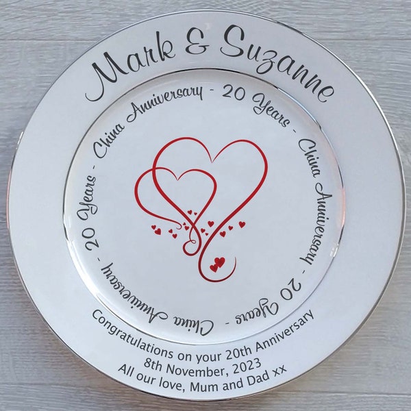 Personalised China Wedding (20th Anniversary) Gift - Fine Bone China Plate - 2 Sizes -3  Designs - Optional Gift Box, Plate Stand Or Hanger