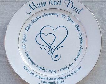 Personalised Blue Sapphire Wedding (65th Anniversary) Gift - Bone China - 2 Sizes - 3 Designs - Optional Gift Box, Plate Stand or Hanger