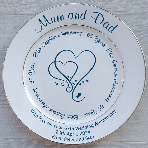 Personalised Blue Sapphire Wedding (65th Anniversary) Gift - Bone China - 2 Sizes - 3 Designs - Optional Gift Box, Plate Stand or Hanger