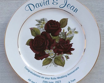 Personalised Ruby Wedding (40th Anniversary) Gift - Bone China Plate - 2 Sizes - 3 Designs - Optional Gift Box, Plate Stand Or Hanger