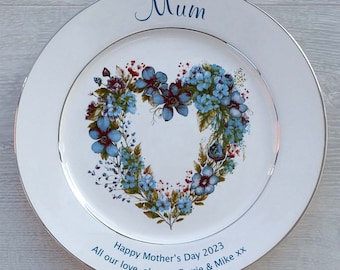 Personalised Mother's Day Or Grandma's Birthday Gift - Bone China - 2 Sizes - Blue Hearts Design - Optional Gift Box, Plate Stand or Hanger