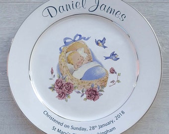 Personalised Baby Birth Or Christening Gift - Fine Bone China - 2 Sizes -  Blue Cradle Design - Optional Gift Box, Plate Stand or Hanger