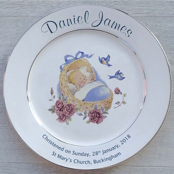 Personalised Baby Birth Or Christening Gift - Fine Bone China - 2 Sizes -  Blue Cradle Design - Optional Gift Box, Plate Stand or Hanger