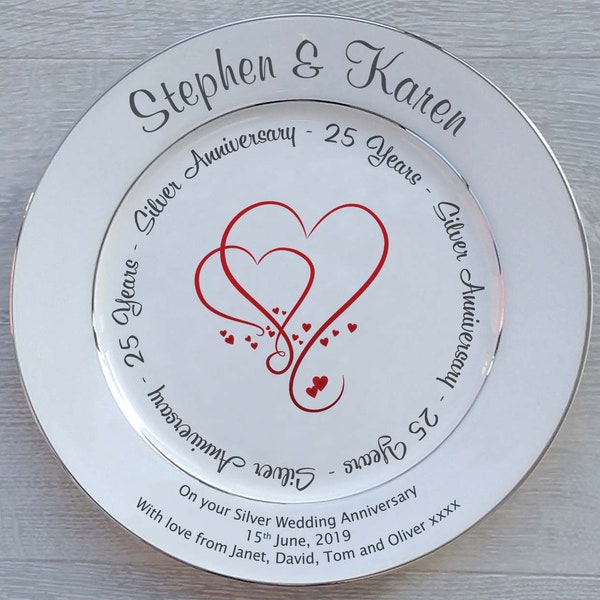 Personalised Silver Wedding (25th Anniversary) Gift - Fine Bone China Plate - 2 Sizes - 4 Designs - Optional Gift Box and/or Plate Stand
