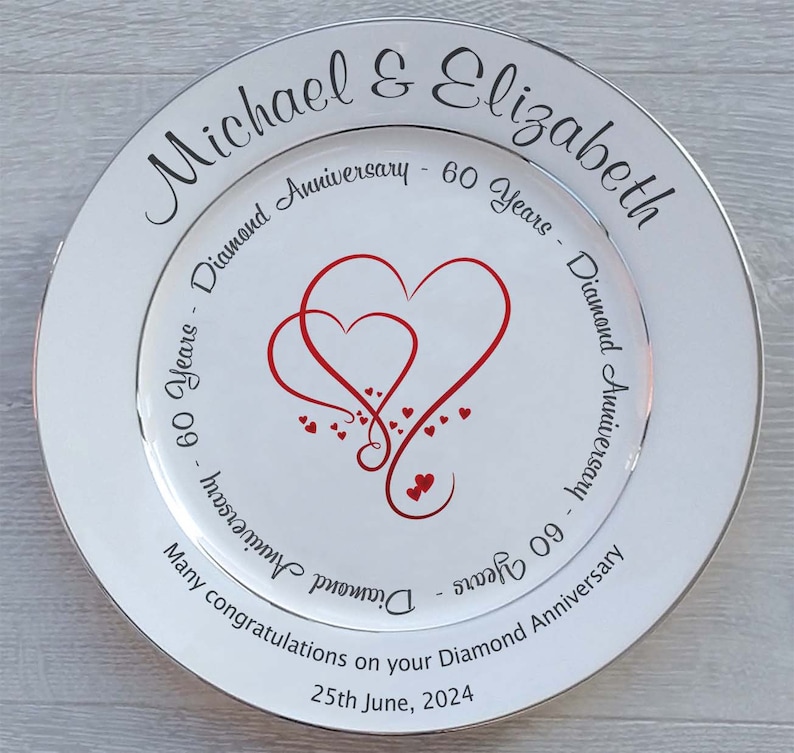 Personalised Diamond Wedding 60th Anniversary Gift Fine Bone China 2 Sizes 4 Designs Optional Gift Box, Plate Stand or Hanger image 2