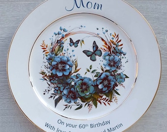 Personalised Mother's Day Or Grandma's Birthday Gift - Bone China - 2 Sizes - Butterflies Design - Optional Gift Box, Plate Stand or Hanger