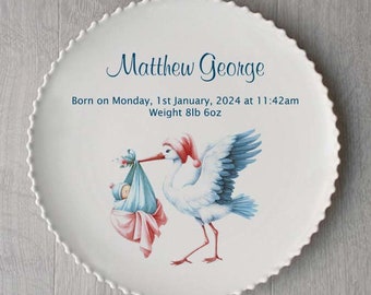 Unique Baby Birth Or Christening Gift - 2 Sizes - 7 Designs - Bone China - Any Wording - Optional Gift Box, Plate Stand Or Plate Hanger