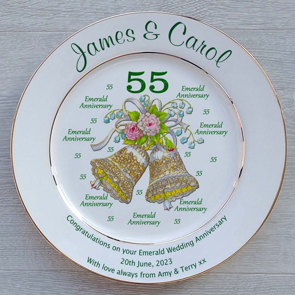 Personalised Emerald Wedding (55th Anniversary) Gift - Bone China - 2 Sizes - 3 Designs - Optional Gift Box and/or Plate Stand