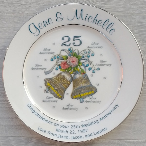 Personalised Silver Wedding (25th Anniversary) Gift - Fine Bone China - 2 Sizes - Bells Design - Optional Gift Box, Plate Stand Or Stand