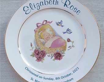 Personalised Baby Birth Or Christening Gift - Bone China Plate - 2 Sizes - Pink Cradle Design - Optional Gift Box or Plate Stand or Hanger