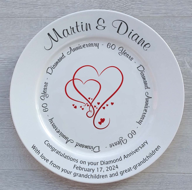 Personalised Diamond Wedding 60th Anniversary Gift Fine Bone China 2 Sizes 4 Designs Optional Gift Box, Plate Stand or Hanger image 3