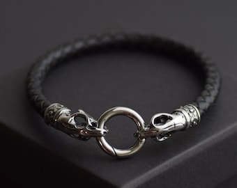 Gothic Skull Mens Leather Bracelet, Stainless Steel Biker Jewelry