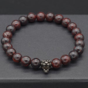 Bracciale con ciondolo a forma di tigre e pietra sanguigna - Bracciale elastico con perline di pietre preziose naturali