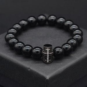 Crusader Knight Templar Bracelet Men,Medieval Bracelet Mens,Onyx Lava Stone&Helmet Beaded Braceletm,Chivalry Bracelet,Gift For Men Women