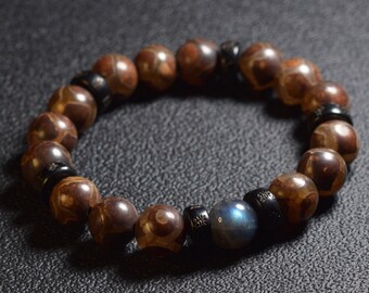 Tibetan Agate & Labradorite Beaded Bracelet, Chakra Meditation, Gift