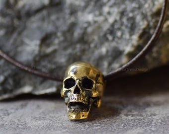 Brass Skull Pendant Necklace, Movable Jaw, Gothic Biker Jewelry