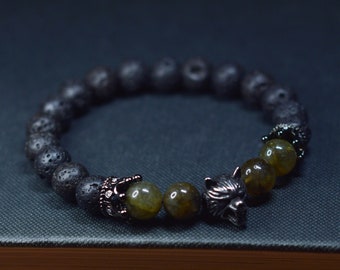 Pulseira masculina com pingente de lobo: joias com contas de pedra de lava e labradorita