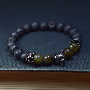Antique Wolf Charm Bracelet Men,Lava stone &labradorite Beaded Bracelet For Men, Jewelry Gift For Friend Men Him Inspired by Witcher