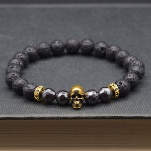 Lava Stone Skull Bracelet, Faceted Hematite, Gothic Bead Bracelet