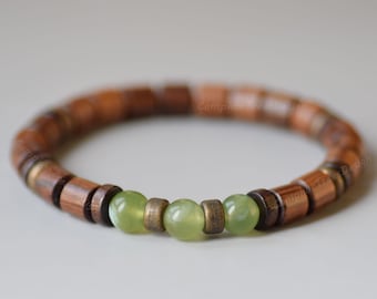 Mens Serpentine & Wood Bead Bracelet, Boho Minimalist Jewelry