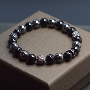 Men&#39;s Black Onyx Hematite Bracelet: CZ Beaded Stretch Jewelry