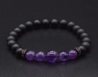 Amethyst & Onyx Bead Bracelet: Handmade Gemstone Jewelry