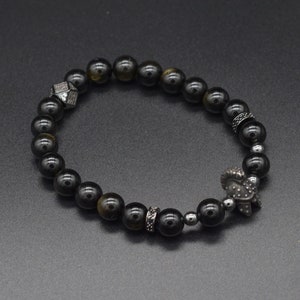 Soldier Charm Obsidian Beaded Bracelet - Adjustable Stone Bracelet