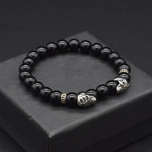 Stone Beaded bracelet men,Skull Charm Bracelet,Mens Bracelet, Mens Black Beaded Bracelet for Men, Mens Jewelry Gift for Men