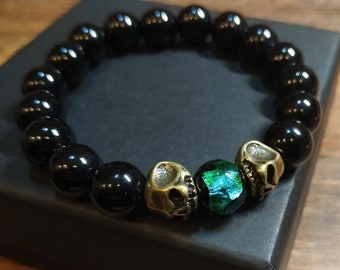 Bracelet perlé en pierre naturelle pour homme, bracelet à breloques tête de mort en onyx noir avec perles cloisonnées de 10 mm, cadeau bijoux pour homme pour homme
