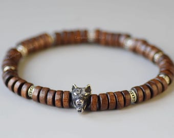 Pulseira masculina de contas de madeira, lobo em aço inoxidável, estilo viking