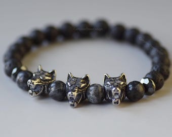 Cerberus Wolf Bracelet Men,Hellhound Bracelet,Stainless Steel Wolf Heads,Lava Stone&Labradorite Viking Bracelet,Gift for Him