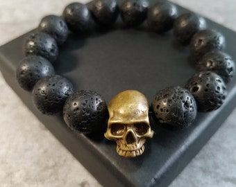 Bracelet tête de mort en lave et laiton pour homme, 12 mm bracelet en perles de pierre de lave pour femme homme, cadeau bracelet gothique pour homme petit ami femme