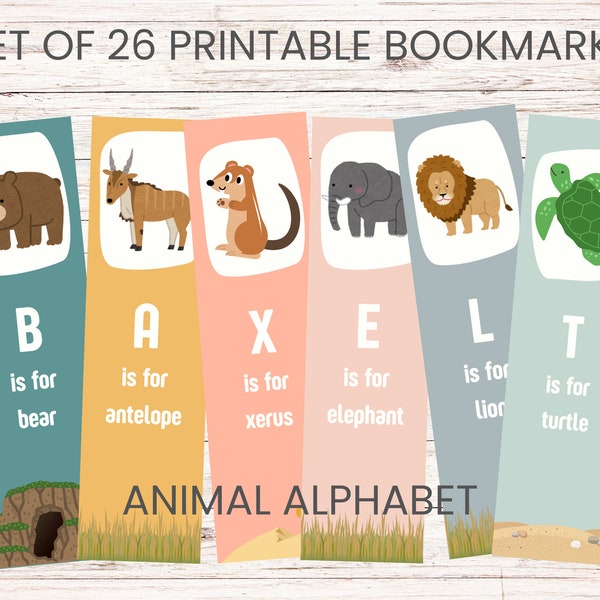 set of 26 printable bookmarks featuring an animal alphabet; great for kids crafts and party bags; cute colourful animals; digital PDF file