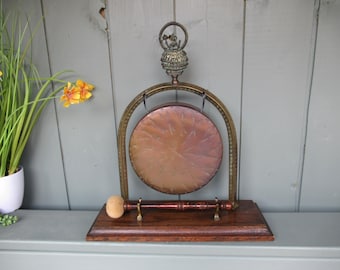 c1890 Antique English Brass Dinner Gong Wooden Base and striker/hammer. Made in England.