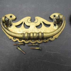 Può includere: Un pomello per cassetto in ottone con una piastra posteriore ornata e smerlata con dettagli intagliati e una maniglia centrale curva. L'hardware include tre piccole viti metalliche filettate posizionate sotto la maniglia, con una patina invecchiata.