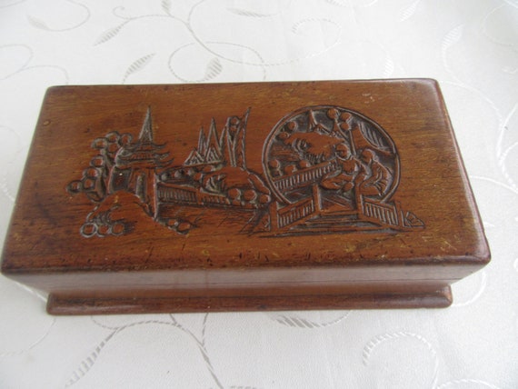 Vintage Wooden Box with Hand Carved Hinged Lid- H… - image 2