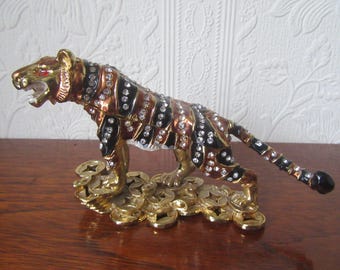 Vintage Enameled Bengal Tiger Trinket Box, Jeweled Ornament