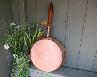 10" Copper Frying Pan Brass and Wooden Handle Stainless Interior - Unused