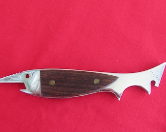 Bottle opener,swordfish Design Mid Century Bar Accessory Tool,Metal and Teak