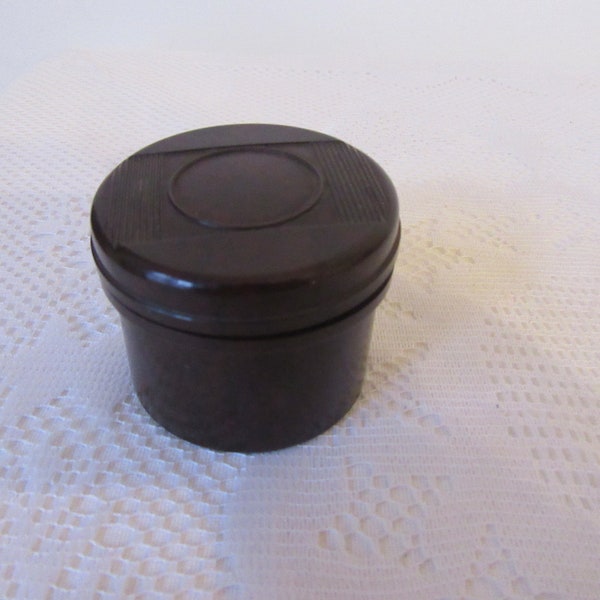 Bakelite shaving/hair cream pot. Screw lid. Dark brown grooming storage jar.