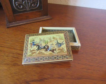 Vintage Khatam Marquetry Jewelry Box, Persian Hunting Scene, Inlaid Wood & Bone